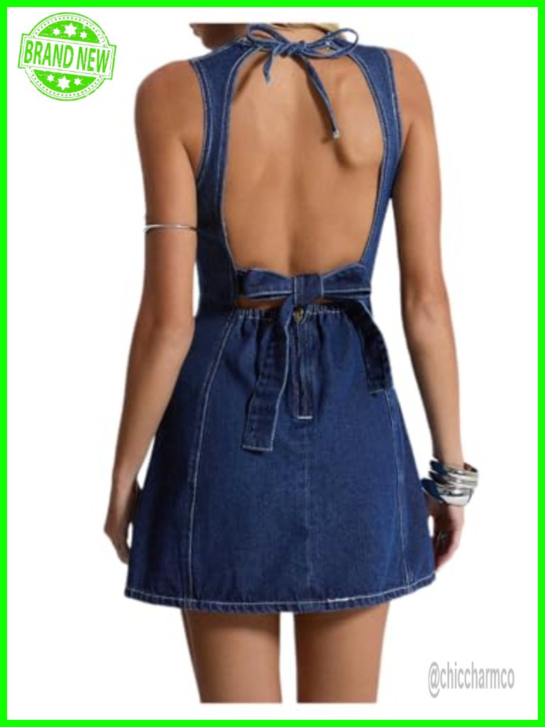Y2k Mini Denim Dress Bow Tie Open Back Sleeveless Tank Dress